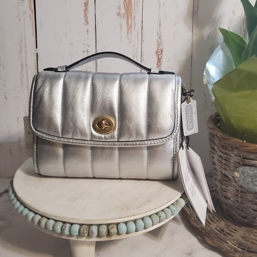 Coach RETAIL Metallic Silver Quilted Leather Turnlock Crossbody Bag - Picture 5 of 12